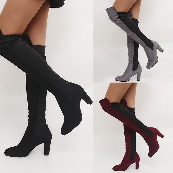 Heißer Verkauf – Oberschenkelhohe Stiefel für Damen, Herbst, Winter, hohe Absätze über dem Knie, lange Stiefel, sexy spitze Zehen, warme Schuhe in Übergröße, Damen-Botas