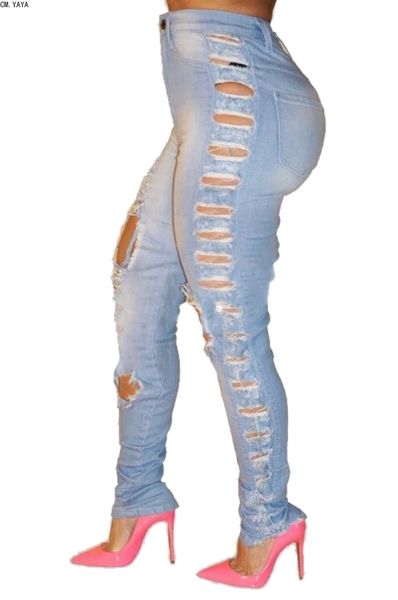 

cm.yaya new autumn winter female denim pants women high waist solid color fashion frayed hole long pencil trousers hsf2094, Blue