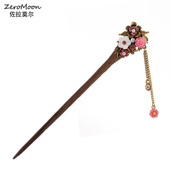 

vintage resin rose wood hair sticks crystal rhinestone metal flower hair accessory women fashion jewelry, Golden;white