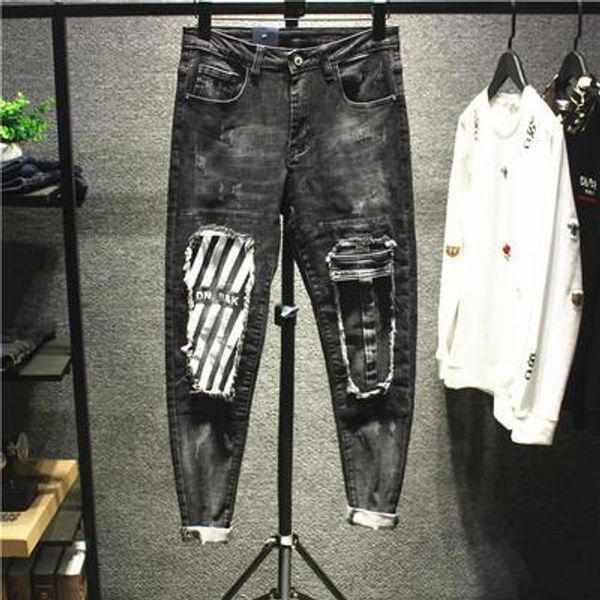 

european and american fashion street fashion personality hole big patch stitching striped jeans men's trend slim feet pants, Blue