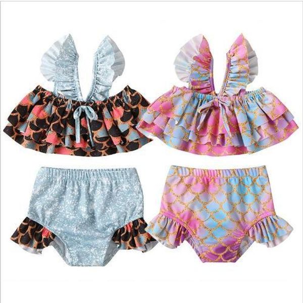 Costumi da bagno per ragazze Mermaid Summer Beach Bikini Set Ruffle Print Costume da bagno Squame di pesce Top Slip Moda acqua Sport Sling Costumi da bagno C7185