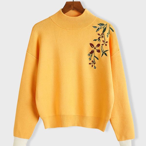 

women's autumn winter new simple half-high collar embroidery flower sweater loose cotton padded waistcoats jumper female c121, White;black