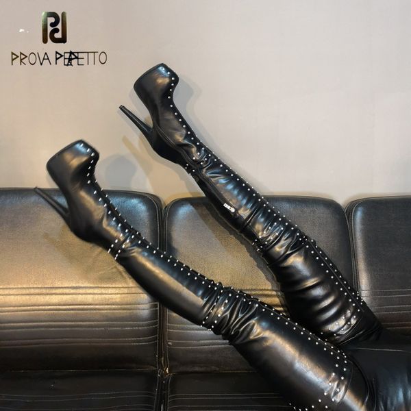 

prova perfetto women platform rivets thigh high boots stiletto high heels boots round toe nice black shoes women