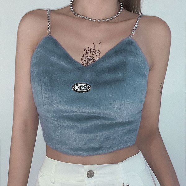 

cute hairy camisole women crop metal chain sling design tank 2020 summer casual party streetwear vest mujer, White