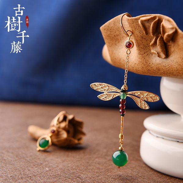 

vintage earrings asymmetrical long green stone dragonfly earrings for women drops hanging earrings ethnic fashion jewelry 2019, Silver