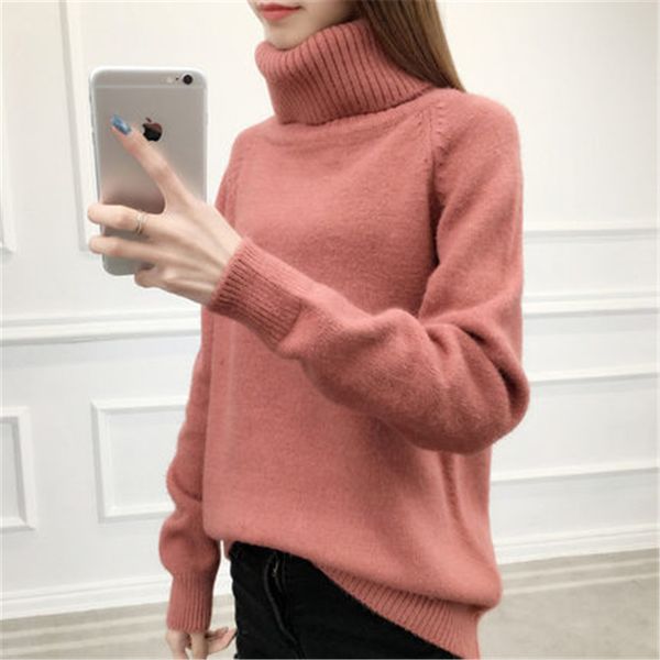 

winter women wool sweater 2019 autumn loose thickened sweater solid color warm high collar fashion knitted loose w153, White;black
