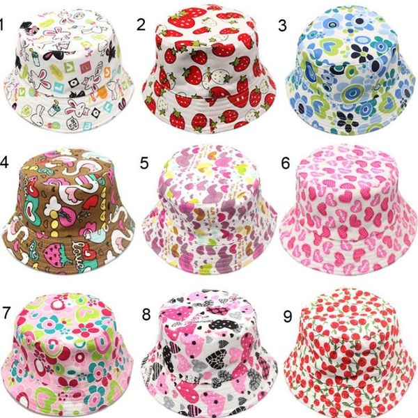 

new arrival kids sale cute fruit heart printed cotton fabric cap girls boys summer pretty bucket hat childrens head wears, Slivery;white