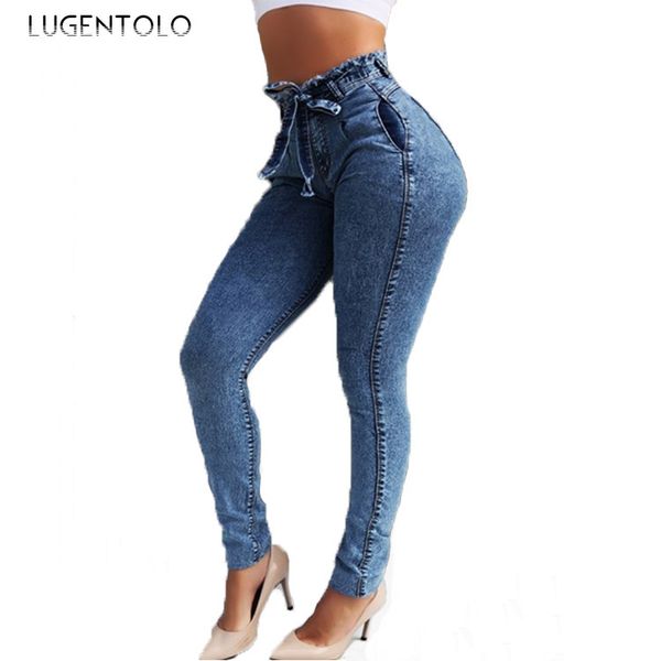 

lugentolo jeans pants woman slim autumn new fringed belt pockets full length 3 color plus size 5xl, Blue