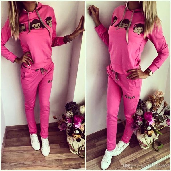 

2016 new arrival womens casual monkey face sweatshirt pant sport suit sweat tracksuit hoodies 4 color, Gray