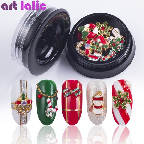 

10 designs/box christmas xmas jewelry mix tree snowman nail art decorations alloy metal diy 3d nail rhinestones tools, Silver;gold