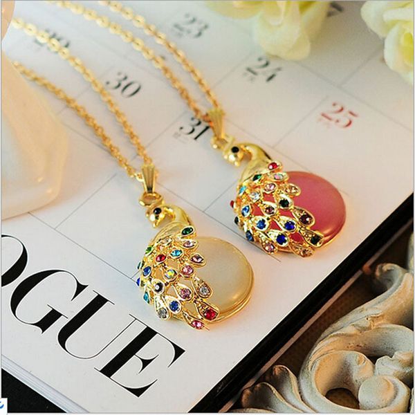 

korean fashion bohemian color cat eye stone colorful flash drill peacock long sweater chain necklace women's accessories, Silver