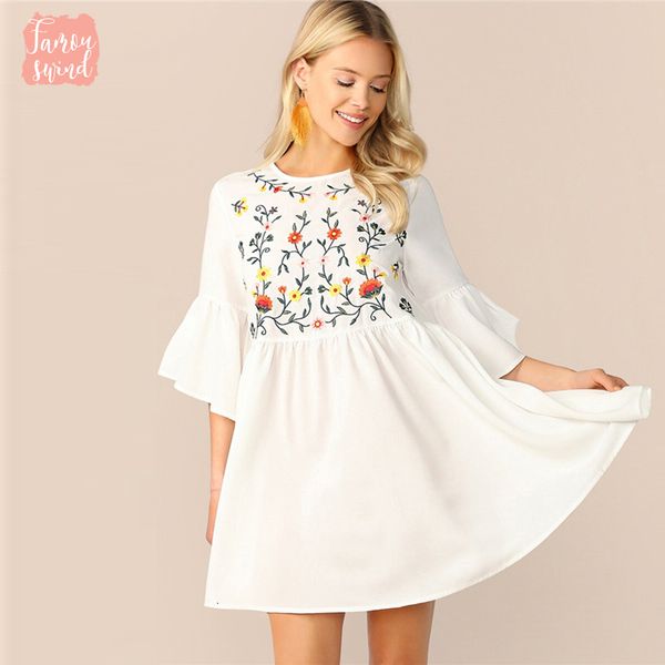 

embroidered floral flounce sleeve dresses smock dress boho a line women flared white high waist summer dresses, Black;gray