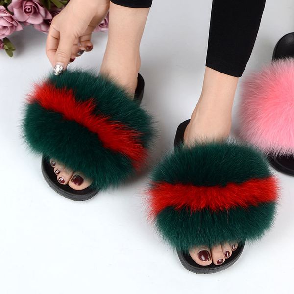 

real fox fur slides plus size summer 2019 open toe fluffy real hair slippers casual black slip on flip flops furry shoes