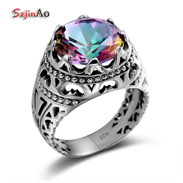 

szjinao sale vintage jewelry round z cubot rainbow 925 sterling silver crystal big rings for women and men gifts, Golden;silver
