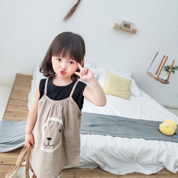 

summer kids girls clothing set cartoon lion pattern printed strap dress + black t shirt 2 pcs 1-6y new suit outfits, White