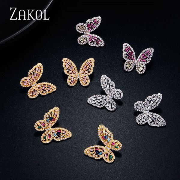 

zakol 4 color popular cute korean butterfly stud earrings for women cz zirconia wedding fashion jewelry fsep3083, Golden;silver