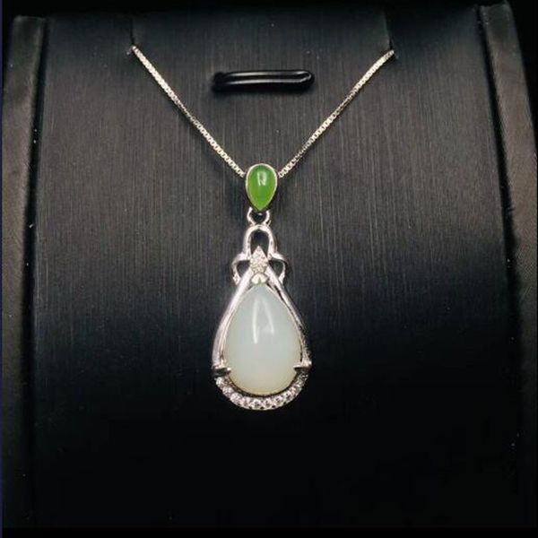 

lockets real 925 silver white hetian jade water drop design lucky pendant + chain choker necklace for womer jewelry