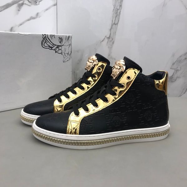 

premium luxury men's casual sneakers fashion design brand platform men's shoes vintage medusa pattern gold line size 38-44 bse, Black