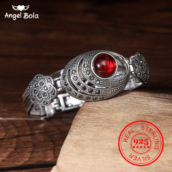 

oval natural red stone real 925 sterling silver bracelet black crystal flower vintage thai silver bangles jewelry for women, Golden;silver