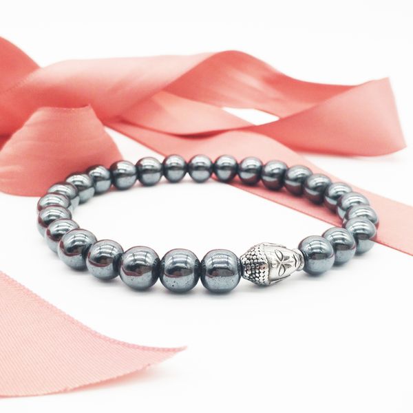 

wholesale fashion 8mm hematite beaded men bracelets buddha head stainless steel bracelet jewelry 50pcs/lot+ing, Black
