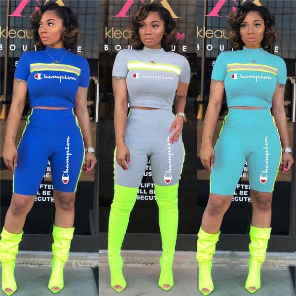 

champions brand designer tracksuit women reflective strip t-shirt shorts pants 2 piece sportswear summer outfit sports joggers set, White