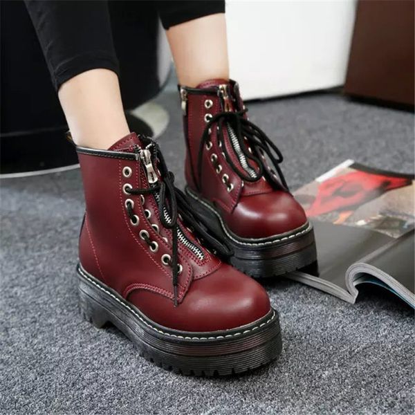 

lzj size 35-40 chunky motorcycle boots for women autumn 2018 fashion round toe lace-up combat boots ladies shoes, Black