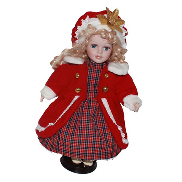 

30cm vintage ceramic girl doll people figure with red dress coat hat suit collectible #1