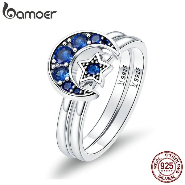 

bamoer аутентичные стерлингового серебра 925 цветущая луна и звезда синий cz женские кольца для женщин ювелирные изделия стерлингового сереб, Slivery;golden