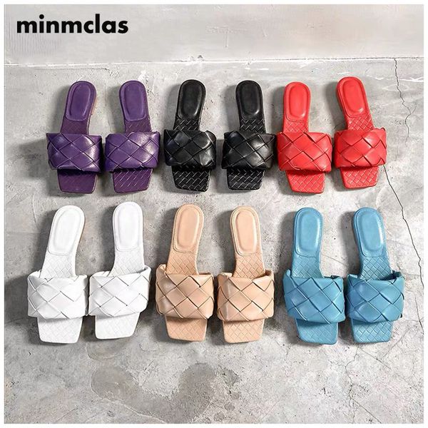

minmclas artificial leather weaving beach slippers women summer casual open toe flat heel sandals woman comfortable outdoor slid, Black
