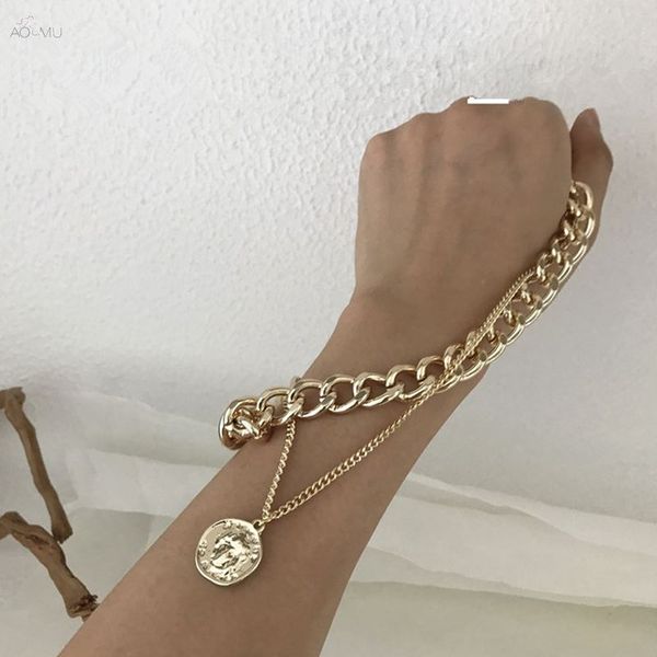 

aomu double layer chain strip portrait pendant geometric vintage necklace for women crude chain metal fashion party jewelry, Silver