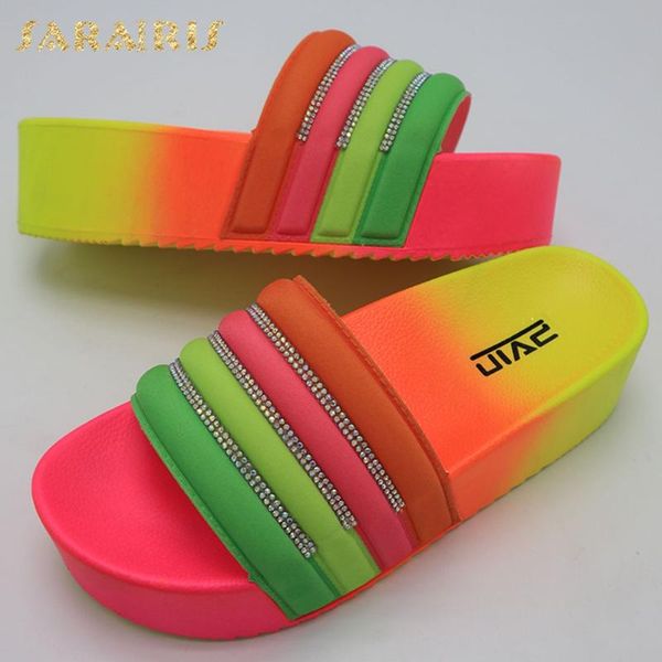 

sarairis 2020 design women slides med wedges peep toe platform crystal summer outside women slippers, Black