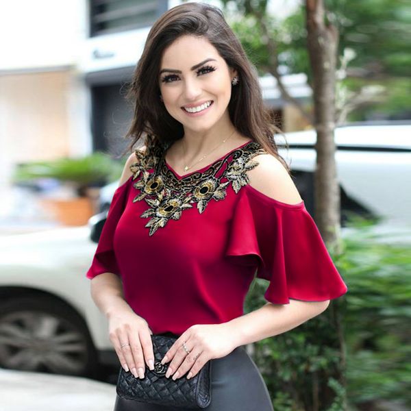 

off shoulder embroidery panel fit short t-shirt, White