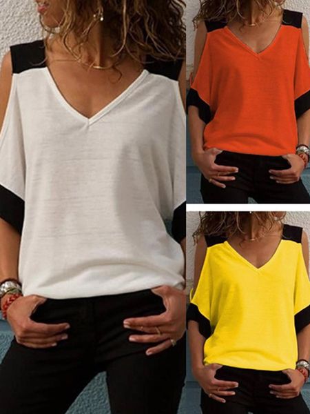 

womens designer womens designer shoulder-exposed v-neck solid color short sleeve t-shirt, White