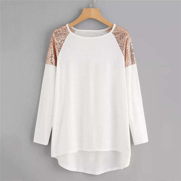 

плюс размер зимней моды женщин ladies t-shirt пришивания лоскутная основывая топы с длинным рукавом сыпучие top tank осень повседневная одеж, White