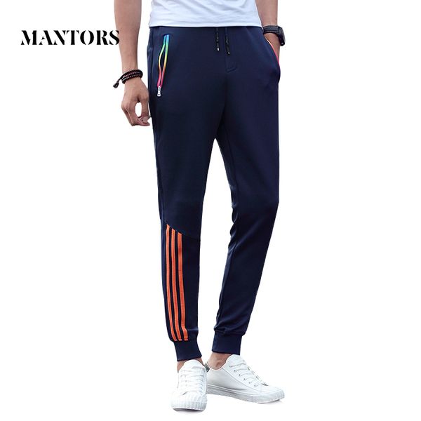 

осень повседневная мужчины sweatpants тощий полосатый slim fit бегуны брюки мужской моды эластичный пояс sportswear длинные прямые брюки, Black