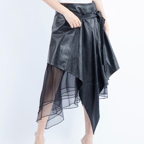 

faldas mujer moda 2020 gothic long tulle black genuine sheepskin leather skirt womens streetwear plus size korean style women