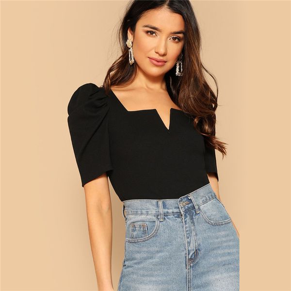 

t shirt women square neck v cut front puff sleeve women black tshirt summer 2019 elegant rib knit tee shirt, White