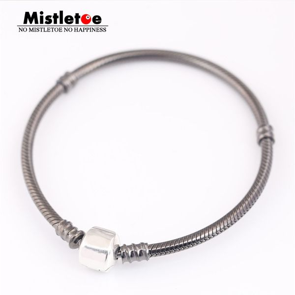 

mistletoe authentic 925 sterling silver black bracelet snake chain european jewelry, Golden;silver