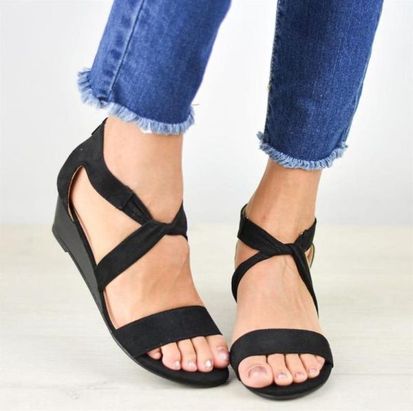 

wedge sandals fashionable summer ladies solid color plus size roman wedge heel zip sandal walking sandalias scarpe donna estive, Black
