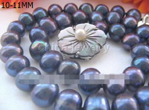 

beautiful 17.5" 10-11mm peacock blue fw pearl necklace - shell clasp, Silver