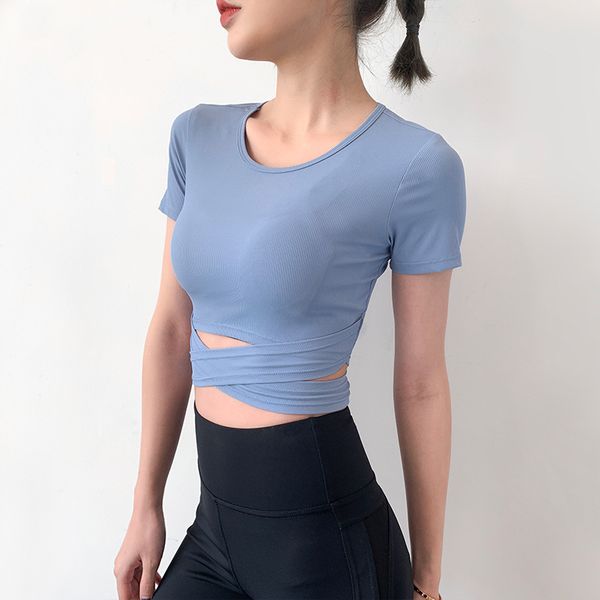 

yoga outfits black green pink blue crop gym short sleeve sport fitness women bandage shirt, White;red