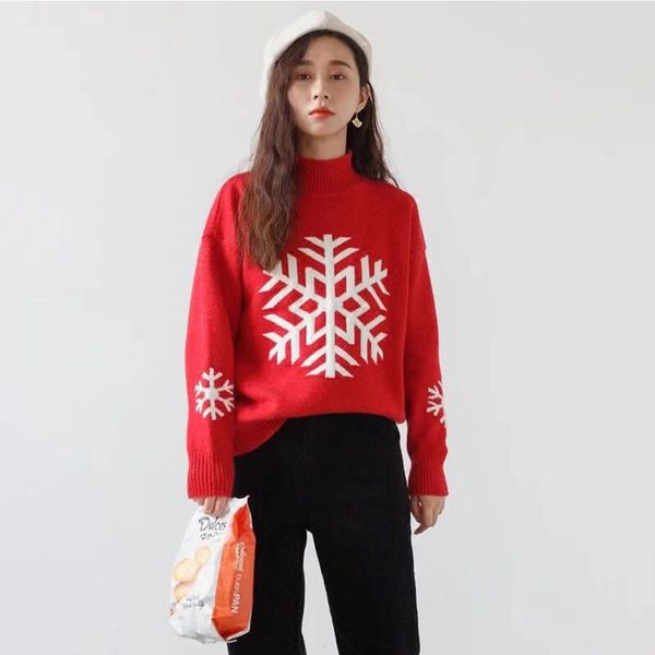 

wool sweater red loose thickened christmas snowflake sleeve outside wearing new year sweater christmas, White;black