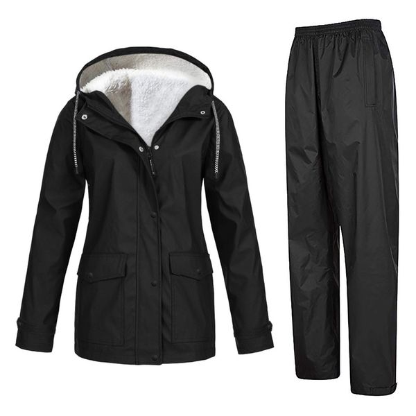 

women tracksuits sportwear windbreaker and pant women solid plush thickening outdoor plus size hooded windproof trousers suit#3, White;black
