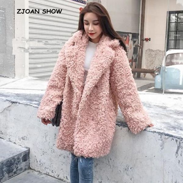 

vintage curly circle hairy shaggy faux sheep fur long coat 2018 new winter notched collar keep warm loose long jacket outwear, Black