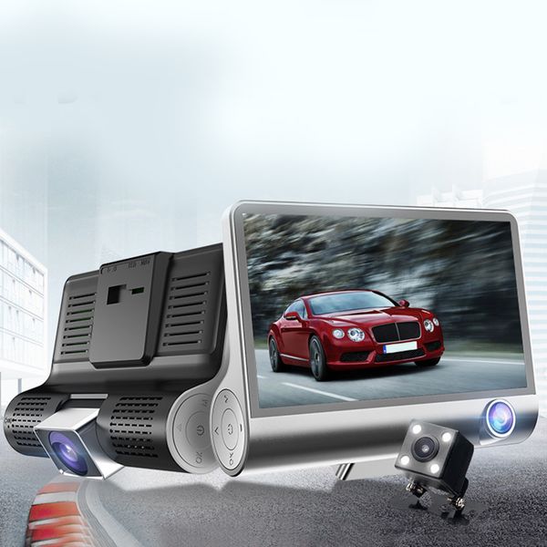 

4inch three lens camera vehicle parking monitor video recorder dash cam wide angle lcd 1080p easy install rear view hd car dvr