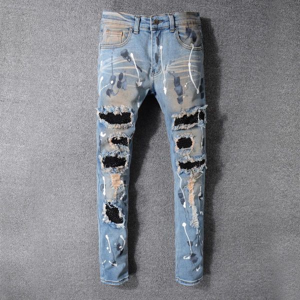 

men's distressed ripped skinny fashion designer shorts slim motorcycle moto biker causal mens denim pants hip hop jeans hole, Blue