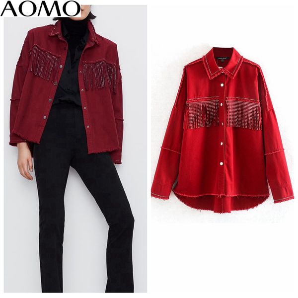 

aomo 2020 women fashion red oversized jackets tassels 2020 turn down collar coat ladies streetwear ce130a, Black;brown