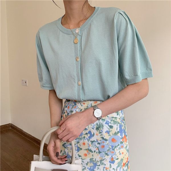 

hzirip summer 2020 new casual shell button knitting thin solid chic all match women loose fairy short sleeve t-shirts, White