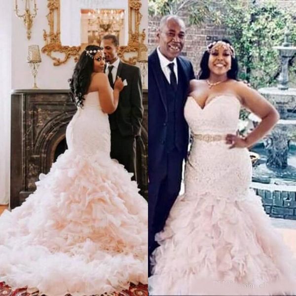 

plus size wedding dresses with sash beads sequins sweetheart ruffles african mermaid wedding dress back lace up custom made bridal gowns, White