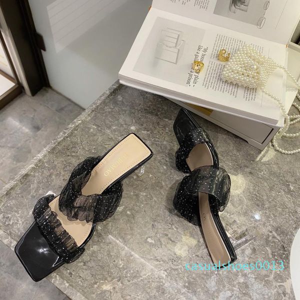

lace shoes glitter slides ladies' slippers fashion fretwork heels heeled mules square heel slipers women jelly luxury high c13, Black